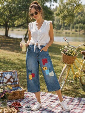 Upcycled Patchwork Capris Jeans, Handmade Summer Picnic Theme Patches Size 14